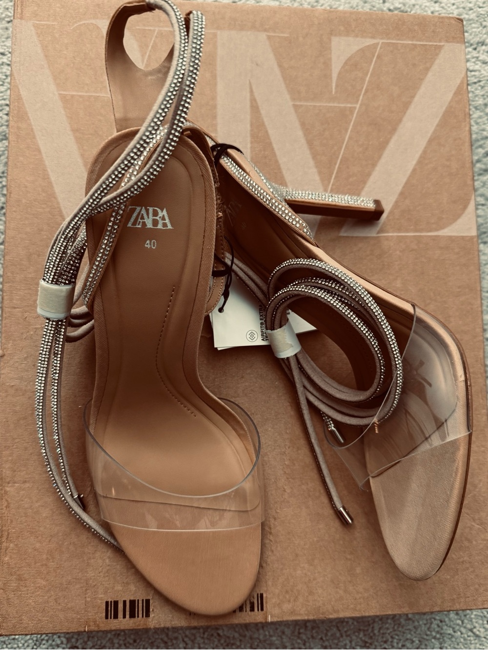 Zara Tan Heels with Clear Straps and Rhinestone Lace-Up Ties